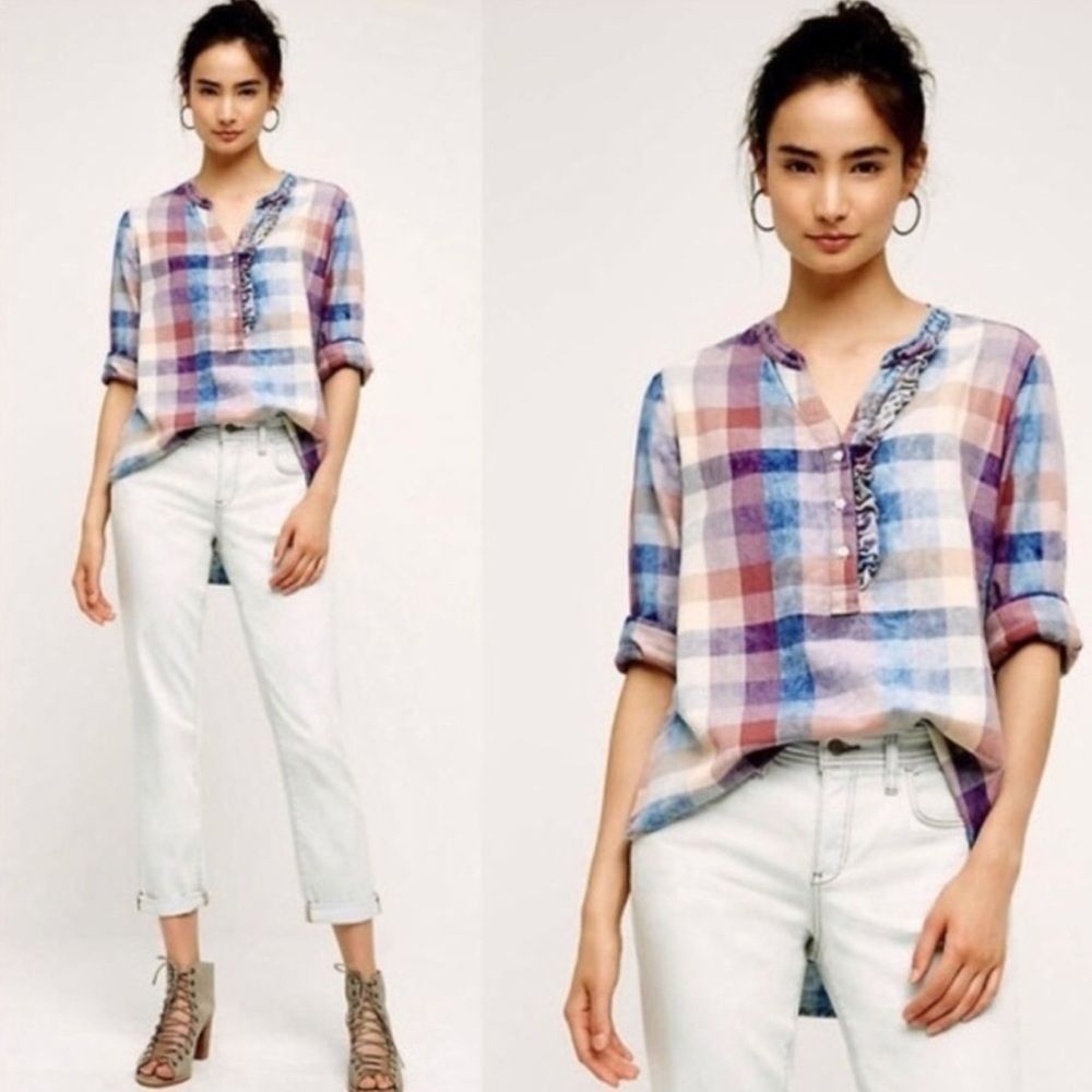 Anthropologie Ruffle Henley Top by Isabella Sinclair size Medium
